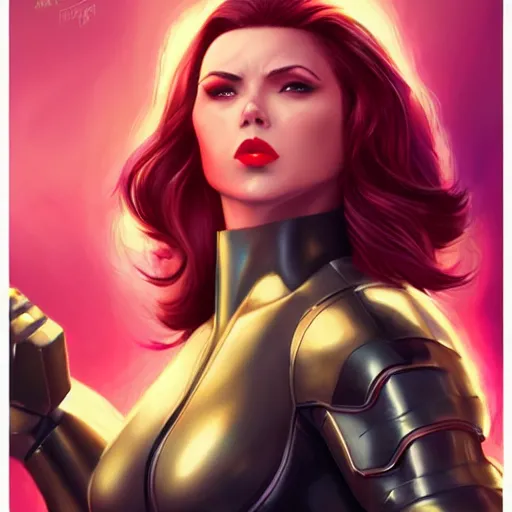 Image similar to natasha romanoff as thanos, feminine beautiful muscular fitness model wearing armor, red lips, attractive, highly detailed full body portrait, pretty face, elegant, breathtaking art, concept art, by artgerm and ilya kuvshinov