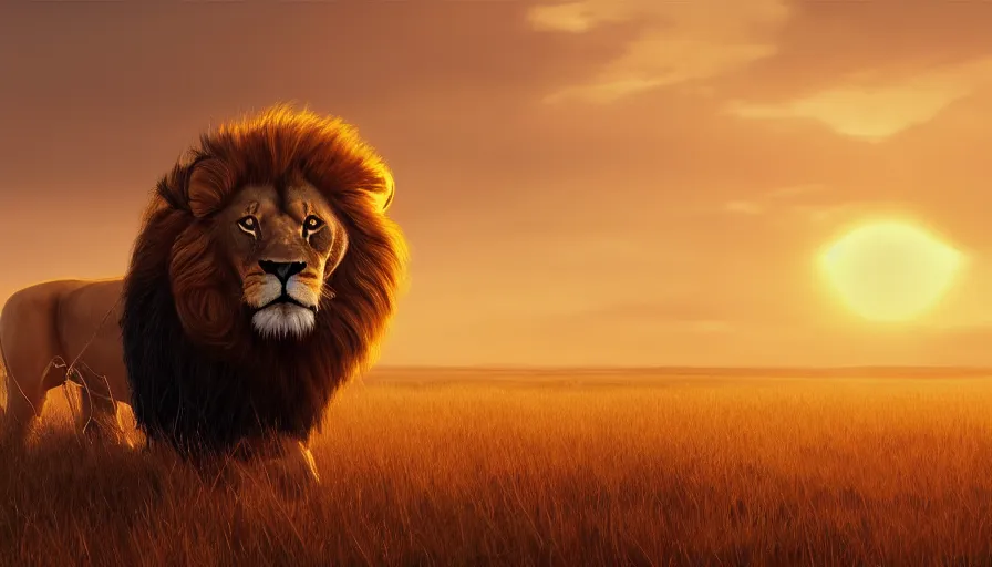 Prompt: Lion in a middle of a large field with a sunset in the background, hyperdetailed, artstation, cgsociety, 8k