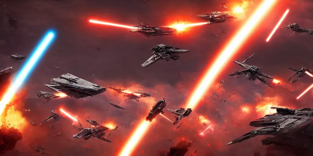 Image similar to aerial long shot, sci - fi battlefield, star wars republic clones versus droid with blaster fire and explosions, digital art, art station, render, volumetric light