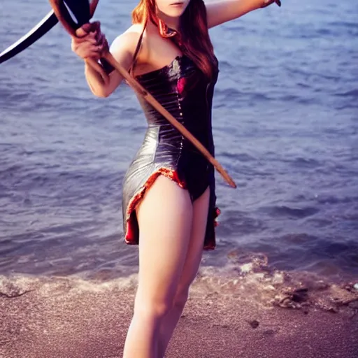 Image similar to a full body photo of emma watson as nami from one piece holding a trident in one hand, award winning photography, 50 mm, perfect faces.