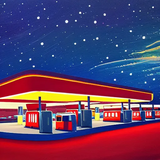 Prompt: a painting of a gas station at night, poster art by tim biskup, behance contest winner, space art, poster art, wallpaper, digital illustration