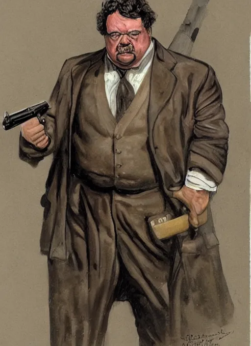 Image similar to gk chesterton as a buff action hero with muscles and a shotgun. portrait by james gurney. realistic face. awesome.