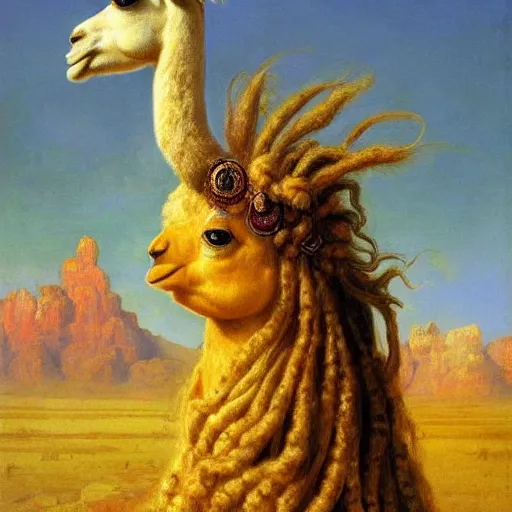 Prompt: detailed baroque portrait of a llama with dreadlocks, realistic creature concept, heroic pose, desert mountain in background, Ilya Repin oil painting, style of Brian Jacques