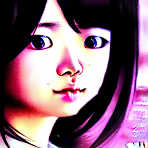 Image similar to bemused to be enveloped in warn portrait of tomoko kuroki looking straight on, complex artistic color illustration, full detail, soft shadowing, fully immersive reflections and particle effects, concept art by artgerm, by range murata