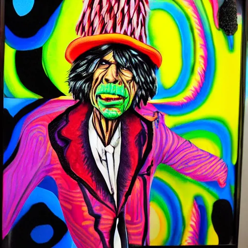 Prompt: old man wearing voodoo hat, mick jagger, art by meow wolf