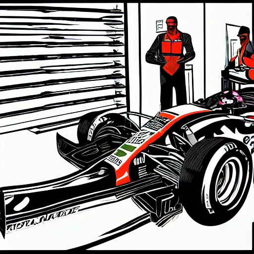 Image similar to formula one mechanic works on car, comic, wide shot, gta style by patrick brown