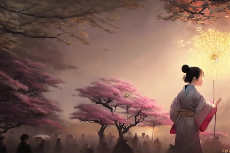 Image similar to a beautiful tardigrade!!! wearing a kimono at a fireworks sakura festival. rainy, dreamlike art, mist, realistic shaded, fine details, 4 k realistic, cryengine, realistic shaded lighting poster by greg rutkowski, magali villeneuve, artgerm, jeremy lipkin and michael garmash and rob rey