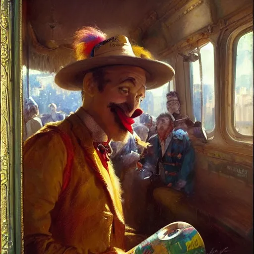 Prompt: a clown selling goodies on the train, highly detailed painting by gaston bussiere, craig mullins, j. c. leyendecker 8 k