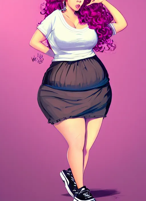 Image similar to full body portrait, teenage vanessa morgan, pink hair, obese, curly pixie hair, sultry, realistic, short hair, hoop earrings, skirt, shirt, fat, belly, black girl, intricate, elegant, highly detailed, digital painting, artstation, concept art, smooth, sharp focus, illustration, art by wlop, mars ravelo and greg rutkowski