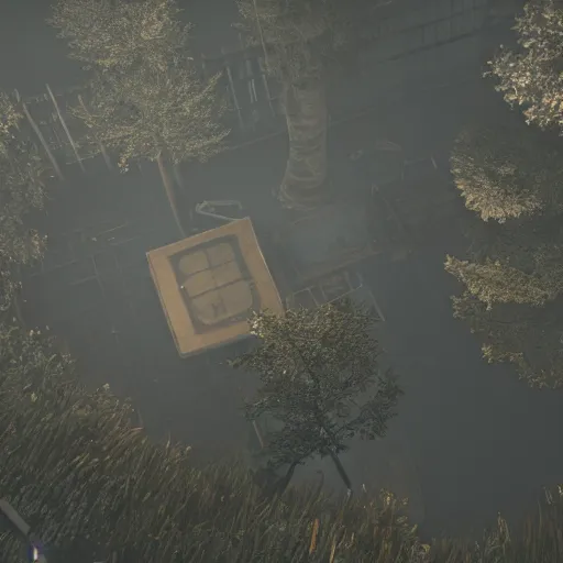 Image similar to playstation 5 screenshot of silent hill, overhead view, reflections, clear view