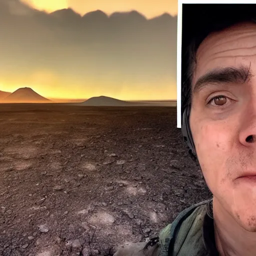 Image similar to the last selfie taken by an alien! in an apocalypse volcano in the background hd cinematic epic 8 k