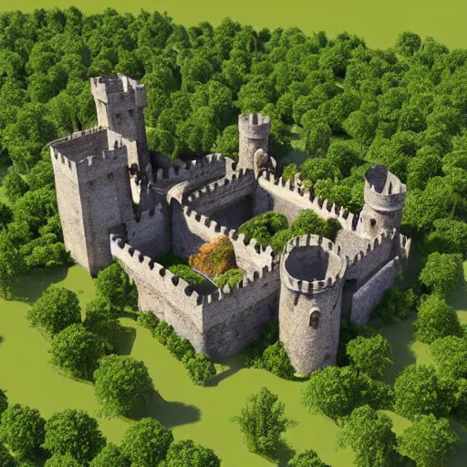 Image similar to medieval castle in a jungle, 3 d, isometric, low poly, courtyard