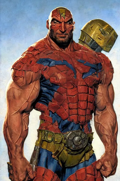 Image similar to full body and head portrait of dave bautista as superhero juggernaut, painted by norman rockwell and phil hale and greg staples and tom lovell and frank schoonover and jack kirby, single character