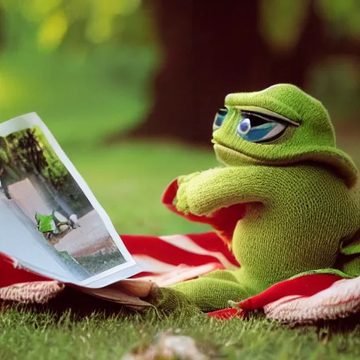 Image similar to Little Pepe the Frog sitting on a picnic in the park. 25mm, focused, masterpiece, soft lights, International Photography Awards, photo by Steve Hanks, art by Yoshitaka Amano