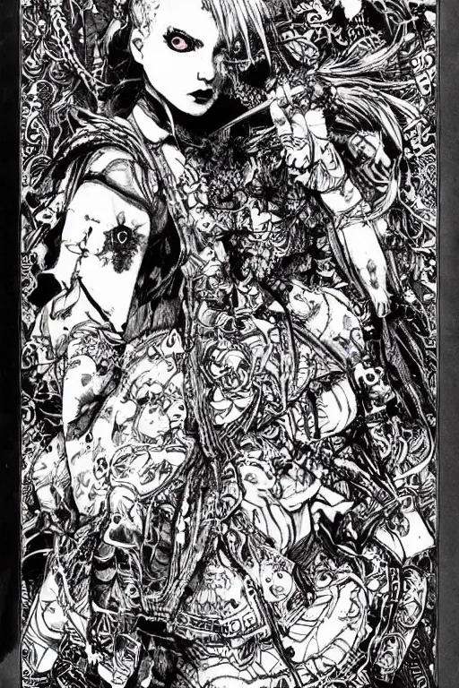 Image similar to Punk Alice in wonderland tarot card , pen and ink, intricate line drawings, by Yoshitaka Amano, Ruan Jia, Kentaro Miura, Artgerm, watercolor