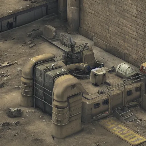 Prompt: fallout enclave fighter in power armor with a minigun in his hands stands next to the entrance to the fallout shelter, camera view isometric, post - apocalyptic, 3 d prerender, realism