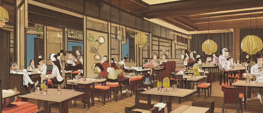 Image similar to a beautiful interior view illustration of a small roasted string hotpot restaurant in yan'an city, restaurant wall paper is a tower on a mountain, rectangle white porcelain table, people are eating, black chair, animation illustrative style, from china, simple style structure decoration design, victo ngai, james jean, 4 k hd