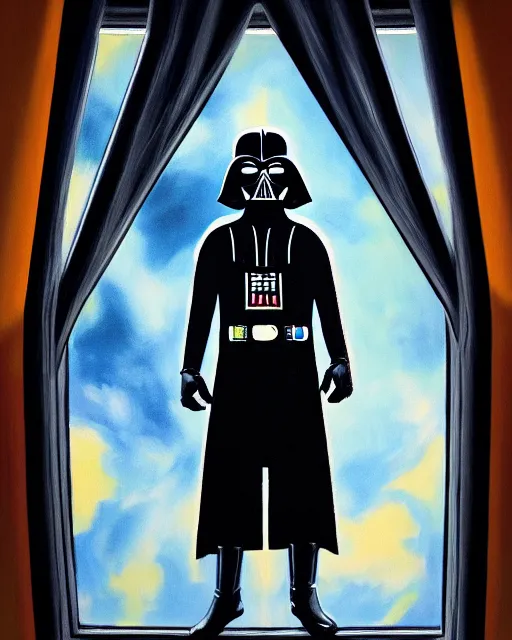 Prompt: acrylic painting portrait of darth vader looking through a large window into outer space, high production value, intricate details, high resolution, hdr, high definition, masterpiece, realistic, ultrarealistic, highly detailed, hd, sharp focus, non blurry, sharp, smooth