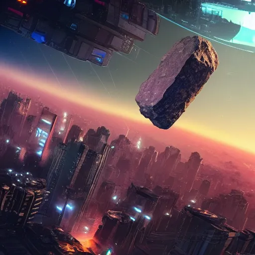 Image similar to asteroid with cyberpunk city on it