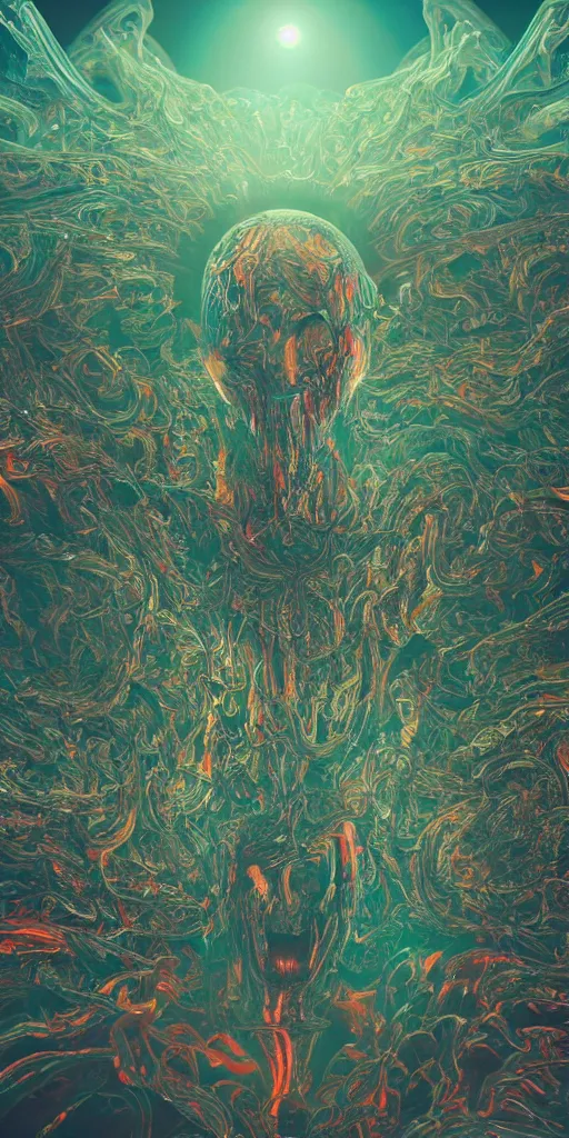 Image similar to impossibly beautiful alien god blots out the sun and unleashes an army of demons on the world, epic scale, intricate complexity, horror, psychedelic glitch art, rainbow drip paint, trending on art station, photoreal, 8k, octane render