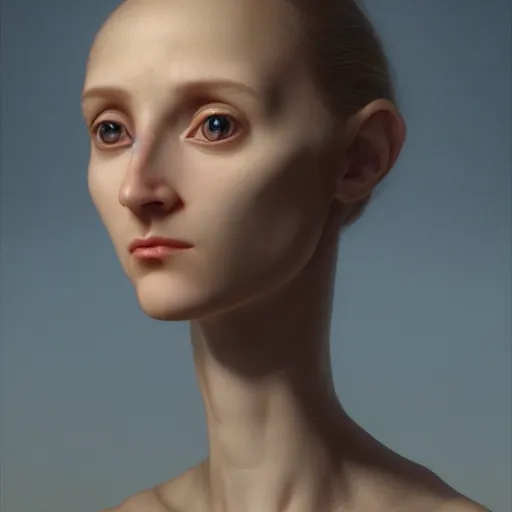 Prompt: A young beautiful female alien face with a very long neck, big eyes, very thin nose, big lips, hair made of wire cables:: alien is from the future, Realistic, Refined, Detailed Digital Art, Oil Painting, William-Adolphe Bouguereau, Pre-Raphaelite,Renaissance, Highly Detailed, Cinematic Lighting, Unreal Engine, 8K