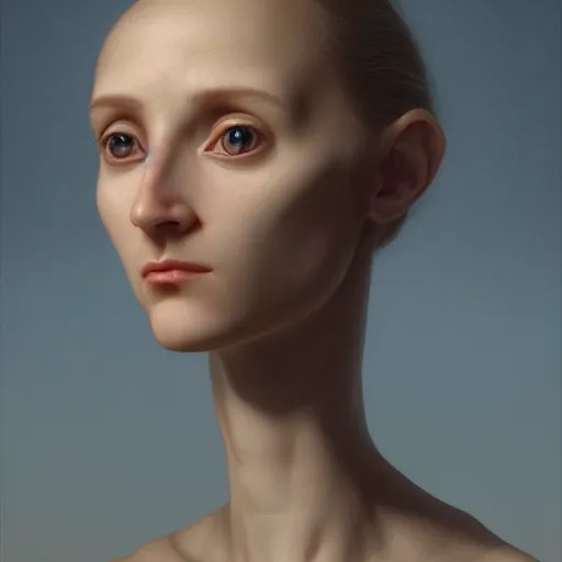 Image similar to A young beautiful female alien face with a very long neck, big eyes, very thin nose, big lips, hair made of wire cables:: alien is from the future, Realistic, Refined, Detailed Digital Art, Oil Painting, William-Adolphe Bouguereau, Pre-Raphaelite,Renaissance, Highly Detailed, Cinematic Lighting, Unreal Engine, 8K