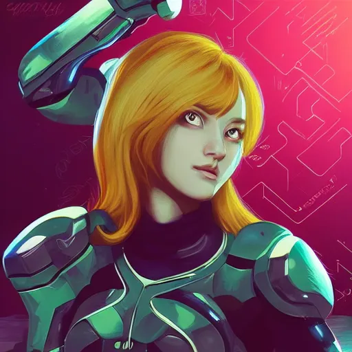 Prompt: portrait of beautiful Samus Aran, League of Legend illustration by Sachin Teng