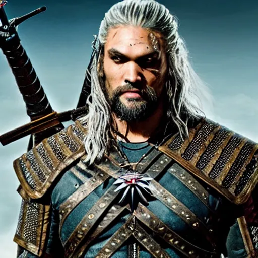 Prompt: photo of Jason Momoa as Witcher, from Witcher (2021), Netflix, portrait, medium shot, high-quality photo,