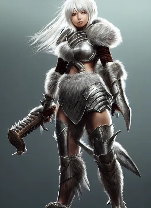 Image similar to warrior, fur - lined heavy armor!!! beautiful and athletic white hair female!! monster hunter!! character concept art, sharp focus, octane render! unreal engine 5! highly rendered!! trending on artstation!! detailed linework!! illustration by artgerm, wlop, and chie yoshii