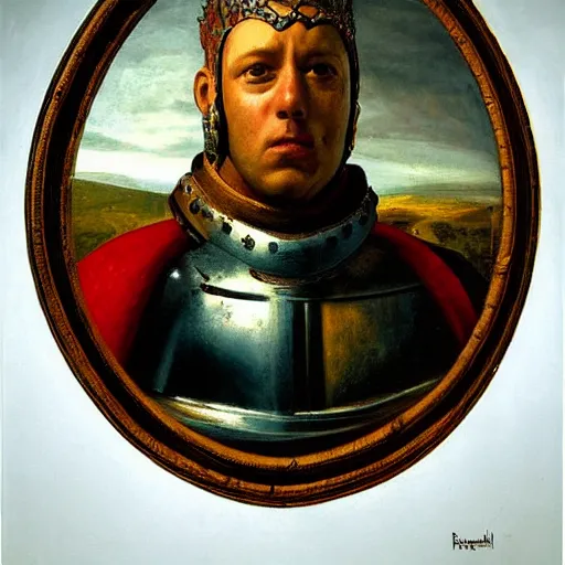 Image similar to a realistic painting by Raffaello Sanzi depicting the knight in shining armor with the head of The Skrull in the Renaissance.