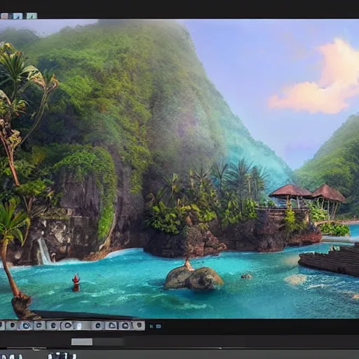 Image similar to A beautiful, perfect, impressive, amazing concept art digital CG painting of a place in Bali, trending on ArtStation, Unreal Engine