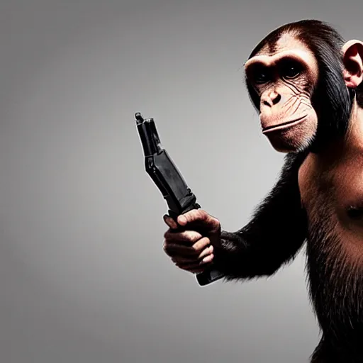 Image similar to saul goodman is a chimp hybrid with a machine gun, still from netflix