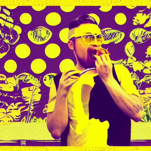 Prompt: A Guy eating a banana in a vaporwave background