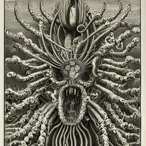 Prompt: Artwork by Ernst Haeckel of The Chitine King Hian the Demigod, master of Ice, and their hateful haunting of steam mephits and horrifying balors, who plan to take revenge on the party for a perceived wrong done to them long ago.