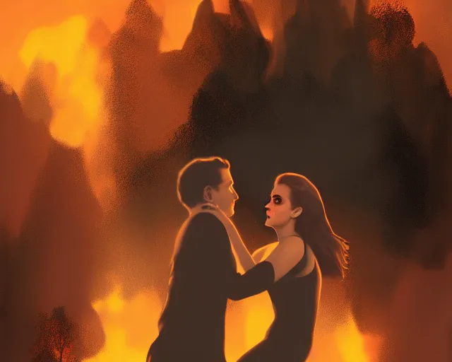 Prompt: jonah hill and emma watson in a wildfire, golden hour, digital art, loving embrace, trending on artstation