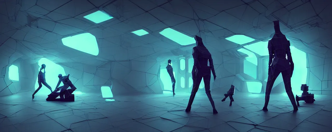 Image similar to duotone noir scifi concept illustration of 3 d mesh of lowpoly inside box floating zero gravity glowing 3 d mesh portals futuristic, glowing eyes, octane render, surreal atmosphere, volumetric lighting. accidental renaissance. by sachin teng and sergey kolesov and ruan jia and heng z. graffiti art, scifi, fantasy, hyper detailed. trending on artstation