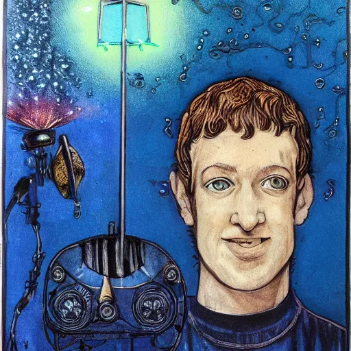 Image similar to the inner self of mark zuckerberg, clockwork engine, psychedelic, lsd, spiritual, mystical, epic beautifully detailed pen, ink and copic markers drawing by milo manara