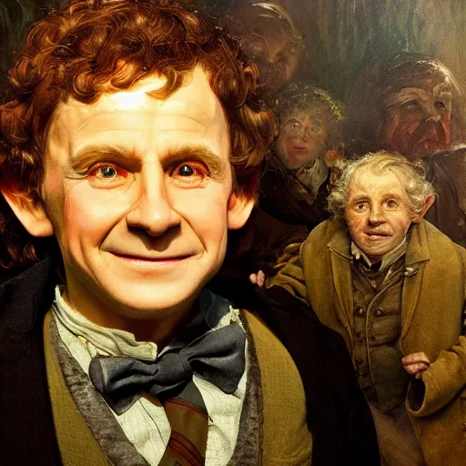 Prompt: bilbo baggins gets on myspace, realistic oil painting, style of norman rockwell, 8 k, super sharp, ultra detail, rule of thirds.