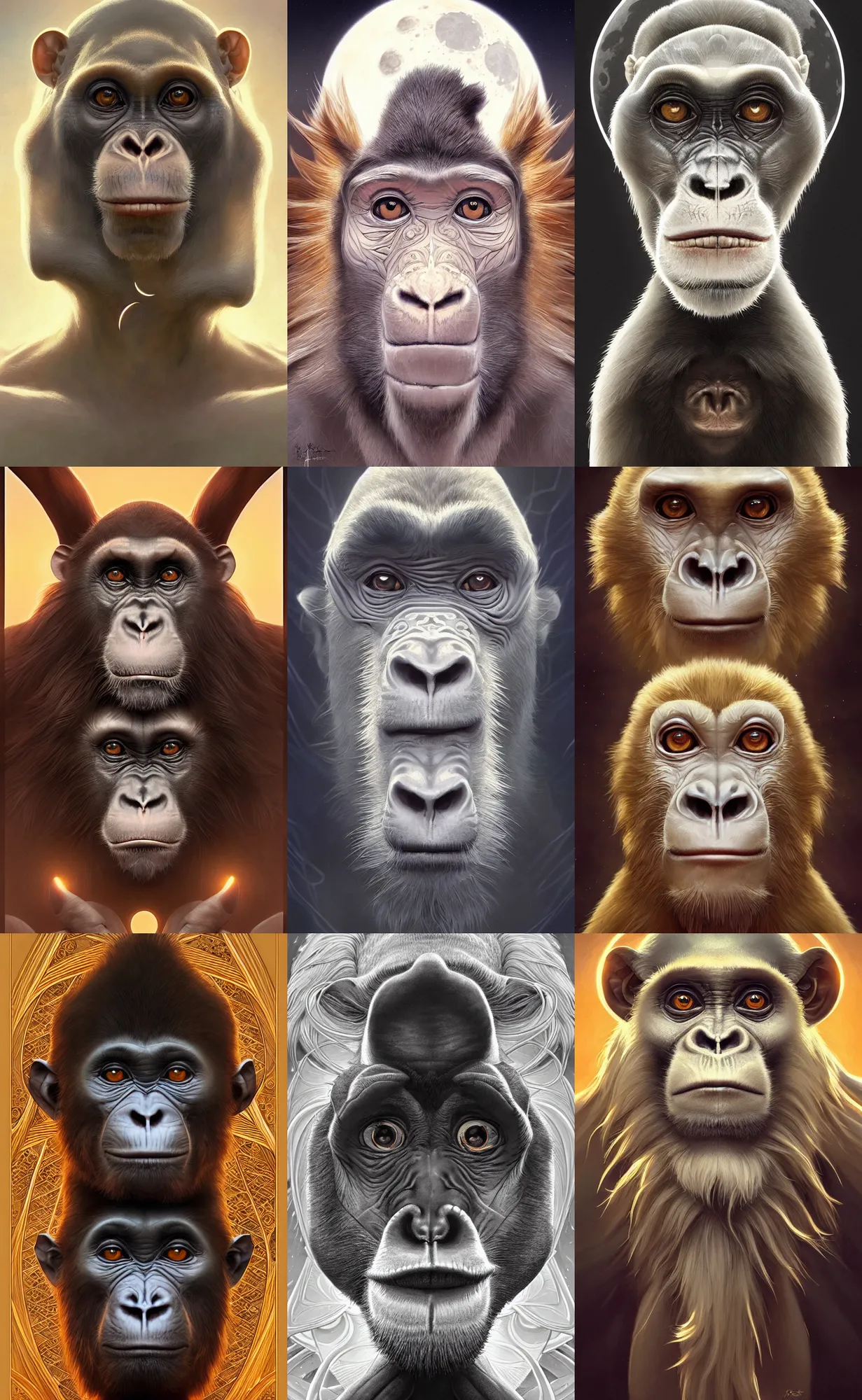 Prompt: symmetry!! ultra realistic portrait of primates made of bone! moon in background, intricate, elegant, highly detailed, digital painting, artstation, concept art, smooth, sharp focus, illustration, art by artgerm and ross tran and greg rutkowski and alphonse mucha, 8 k