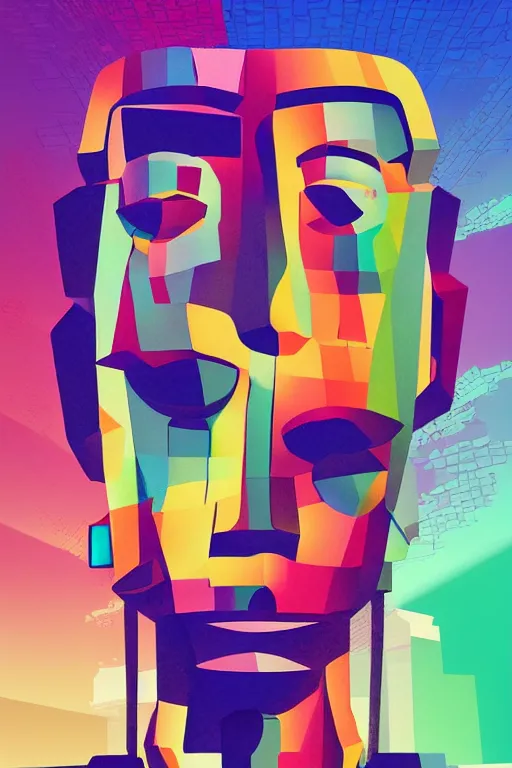 Image similar to cubist moai statue cutout digital illustration cartoon colorful beeple