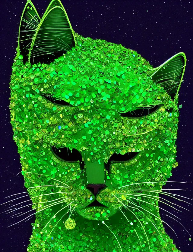 Image similar to a detailed illustration of a cat made of shiny green crystals, trending on artstation, digital art, 4 k resolution, detailed, high quality, sharp focus, hq artwork, coherent, insane detail, character portrait