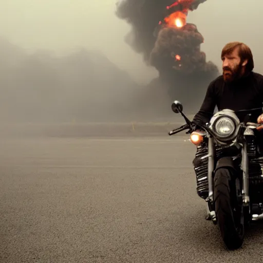 Image similar to a candid shot of Chuck Norris riding a giant motorcycle towards the camera, explosions in the background, 30 mm