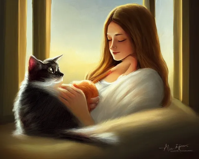 Image similar to a beautiful warm fuzzy painting of a woman curled up with a blanket, petting a cat who is purring with eyes closed. they are both sitting next to a window watching the sun set in winter, by anne stokes, trending on artstation, concept art, lofi, digital illustration