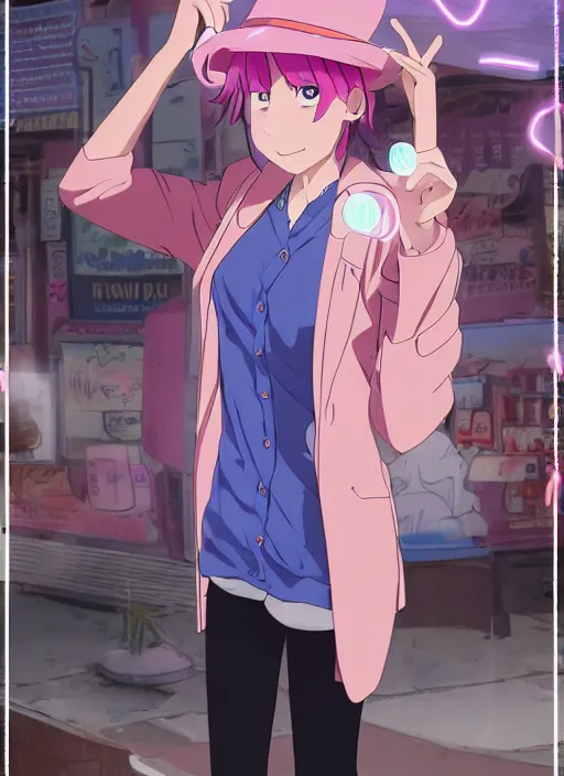 Prompt: a young woman, with a wavy short pink hair and pink fedora hat, wearing a light pink jacket with a dark blue tie, purple gloves and blue jeans shorts and white shoes. She is holding blue neon strings tied on her hand, rich vivid colors, ambient lighting, dynamic lighting, 4k, official media, anime key visual, makoto shinkai, ilya kuvshinov, lois van baarle, rossdraws, detailed, trending on artstation
