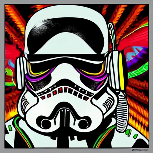 Image similar to artgerm, psychedelic laughing cybertronic storm trooper, rocking out, headphones dj rave, digital artwork, r. crumb, svg vector