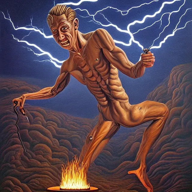 Image similar to an oil on canvas portrait of his body was like beryl, his face like the appearance of lightning, his eyes like flaming torches, his arms and legs like the gleam of burnished bronze, surrealism, surrealist, lovecraftian, cosmic horror, rob gonsalves, high detail