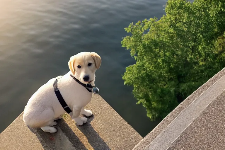 Image similar to an high angle view of a puppy that is standing at the edge of a bridge looking and the puppy is looking down at the water below