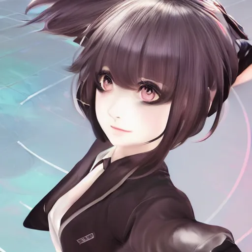 Image similar to luxury advertisement, astonishing portrait of a very beautiful anime schoolgirl with black bob hair in style of cytus and deemo, full perfect face, she is dancing, set in Half-life. Realistic, highly detailed background, artstation, 120 degree view, drawn by Sasoura, Satchely and Akihiko Yoshida, no distortion