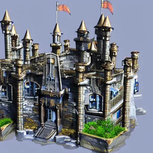 Image similar to futuristic metal castle with machine guns on he walls