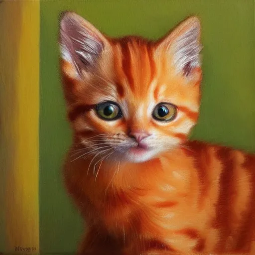 Image similar to knife palette oil painting of orange tabby kitten with golden eyes